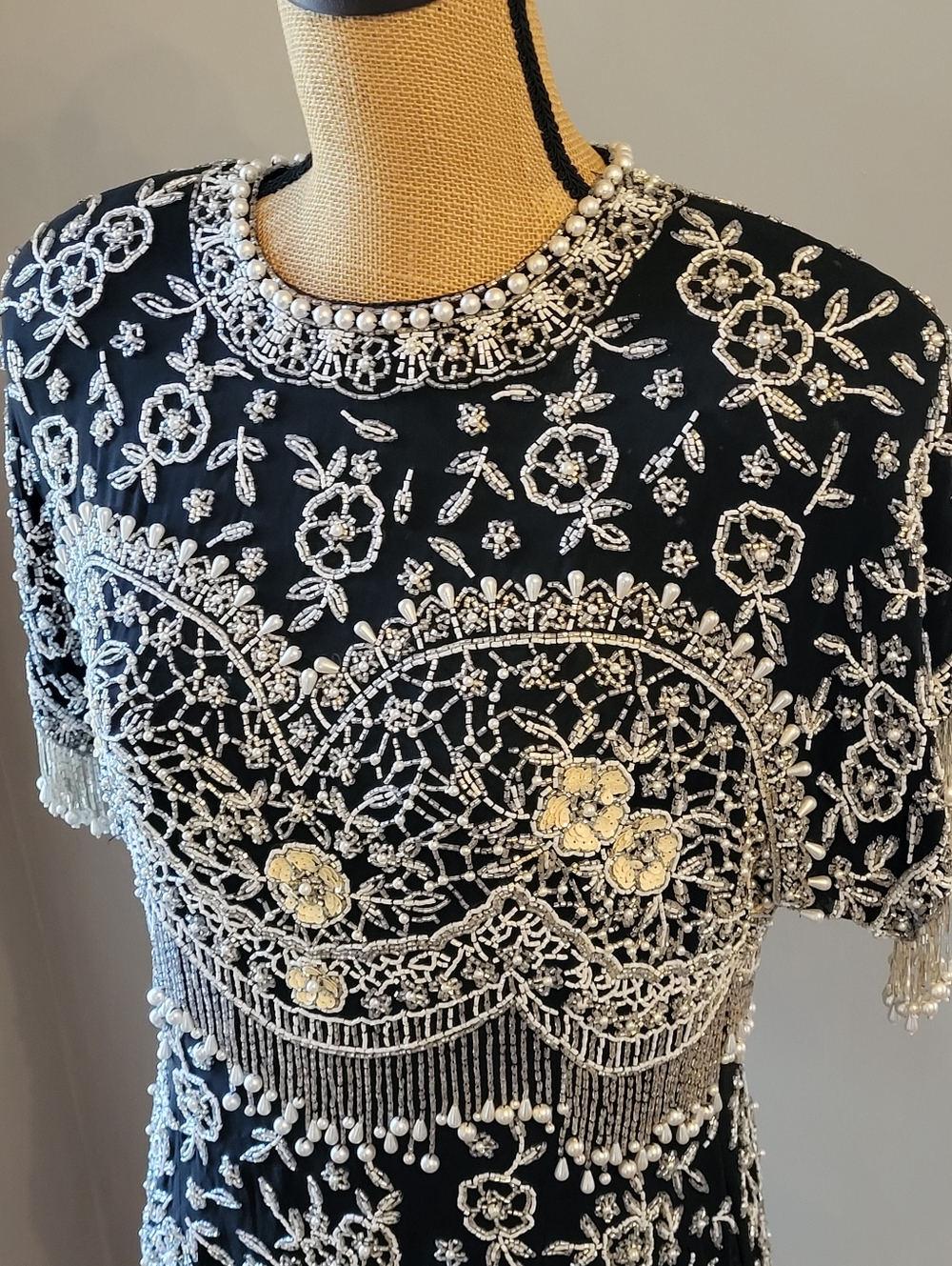 Oleg Cassini Black Tie Vintage 80s Black Silk Beaded Top Large - Picture 7 of 11